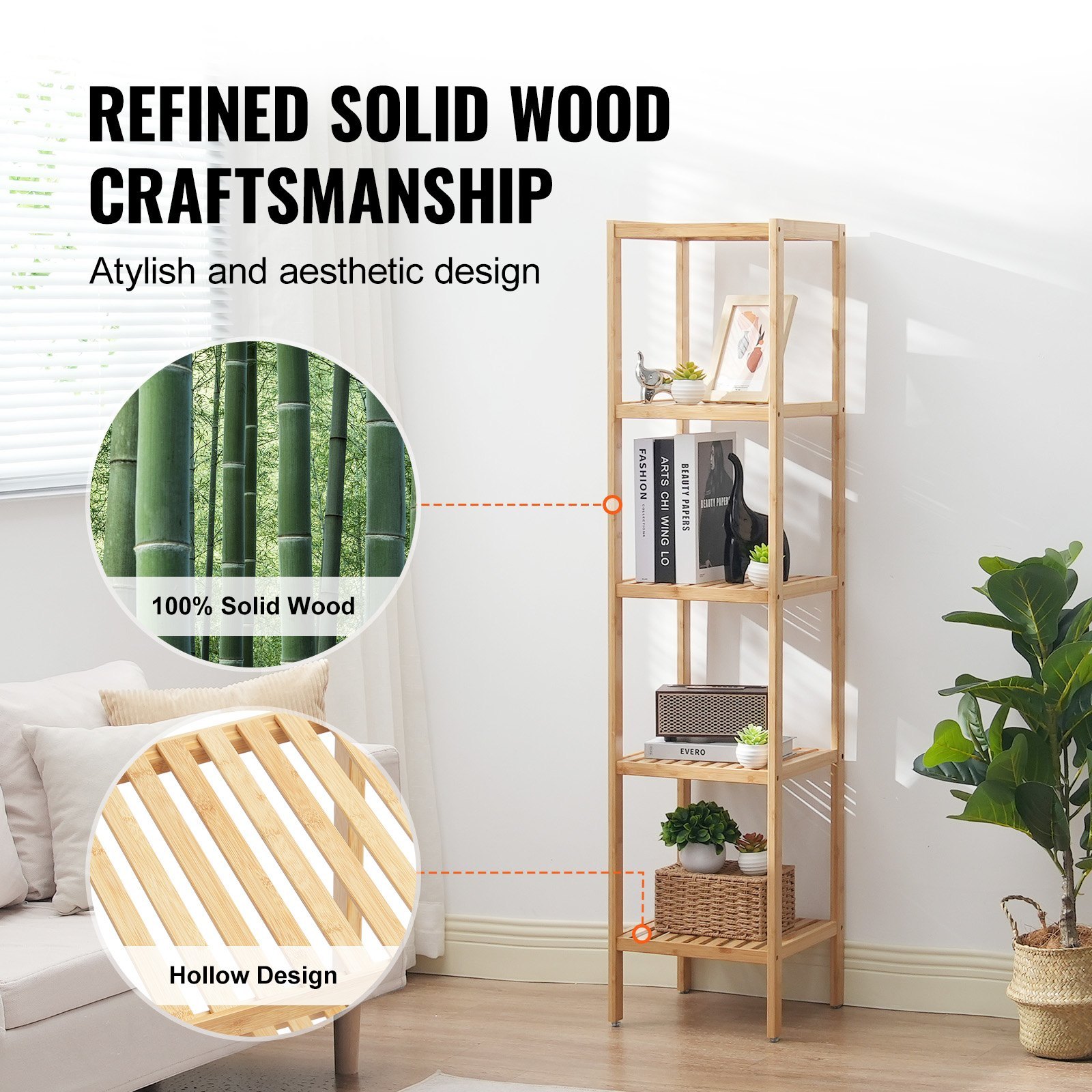 5-Tier Bathroom Standing Shelf, Narrow Shelving Unit, Display Storage Rack Organizer, Freestanding Flower Plant Stand, Multifunctional Bamboo Shelf Ideal For BathRoom, Kitchen, Home, Natural - Image 4