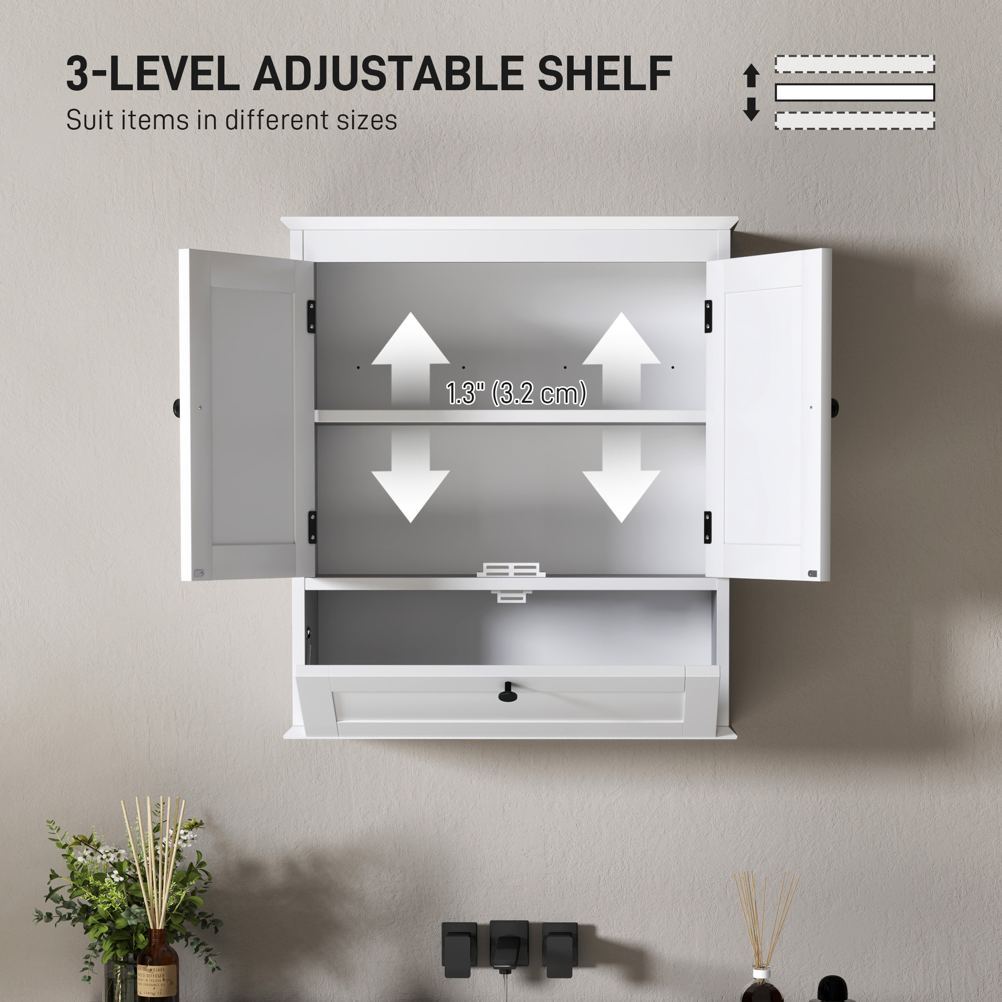 Bathroom Wall Cabinet With Adjustable Shelf And Recessed Doors, White - Image 5