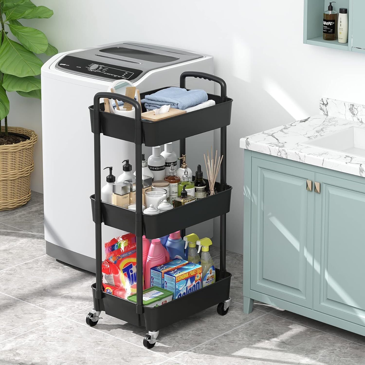 3Tier Rolling Cart Storage Trolley Kitchen Bathroom Laundry Organiser Rack Black