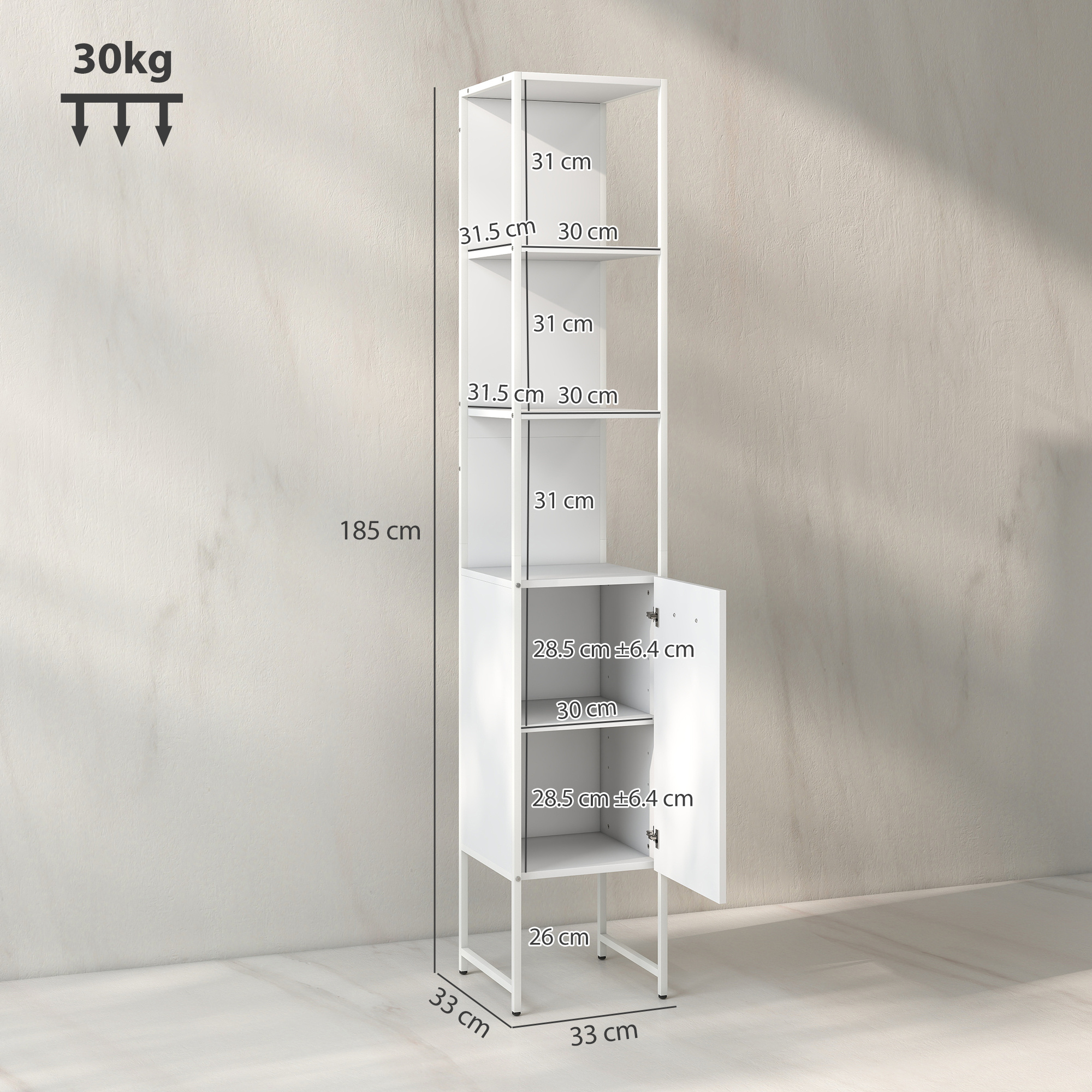 Tall Bathroom Cabinet With Open Shelves And Adjustable Shelf - White - Image 2