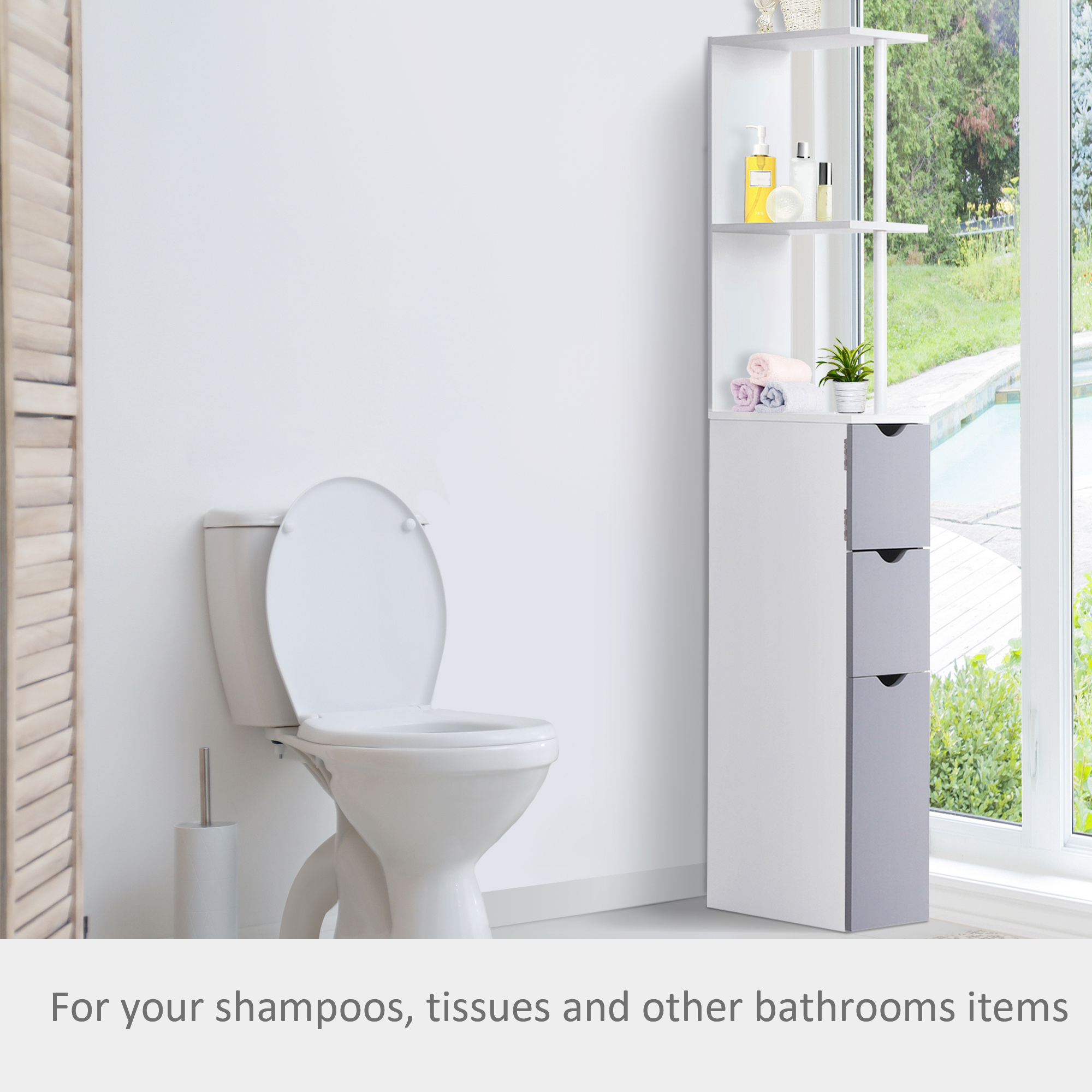Tall Bathroom Cabinet, Freestanding Bathroom Storage Cabinet With 2-Tier Shelf And Drawers, Narrow Cupboard Storage Unit, White, Grey - Image 4