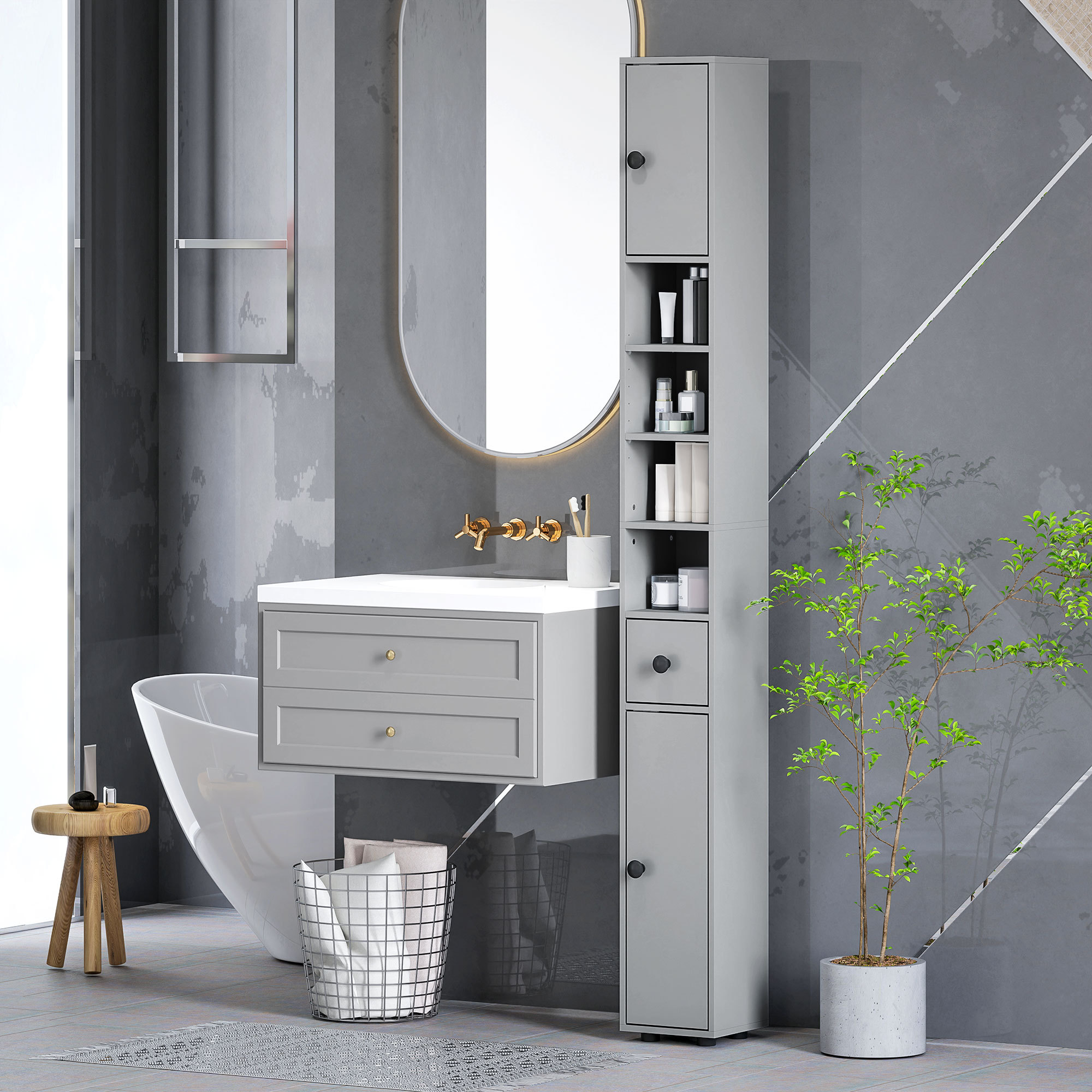 Kleankin 180cm Slim Bathroom Cabinet, With Drawer, Shelves And Cupboards - Grey - Image 3
