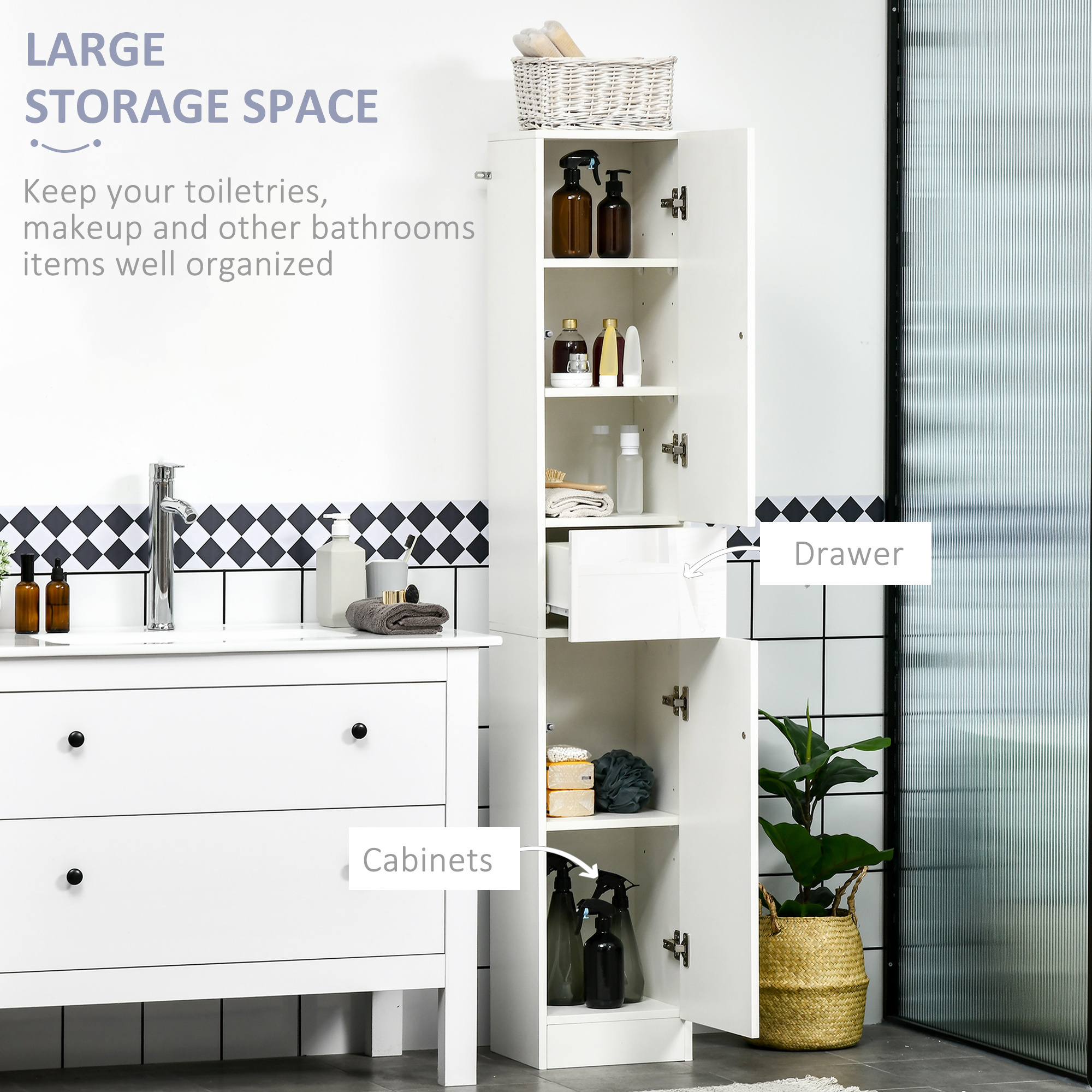 Kleankin Luxury Tall Bathroom Cabinet With High Gloss Panel, Sleek White Bathroom Cabinet With Push-to-Open Door, White - Image 4